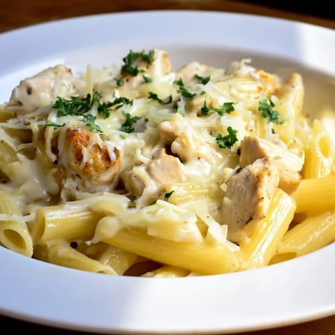 A close-up of a warm, cheesy Chicken Alfredo Bake, bubbling with creamy pasta and savory chicken.