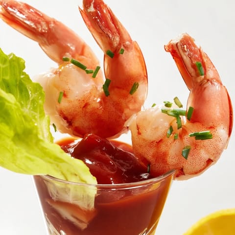 Beautiful Retro Prawn Cocktail Shooters: Perfectly chilled shrimp nestled in spicy cocktail sauce, a classic appetizer.