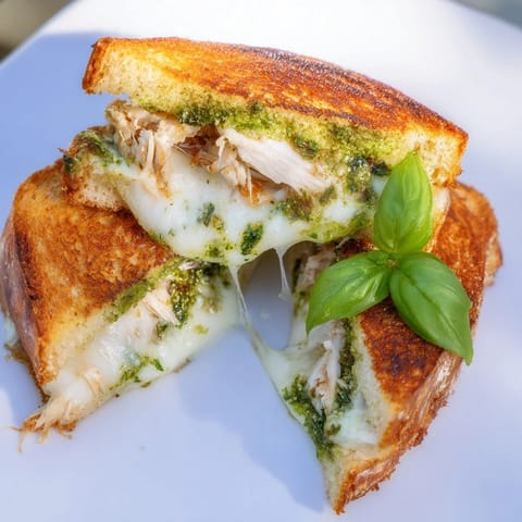 Fresh basil leaves and tomato slices peek from inside the toasted Mozzarella Pesto Chicken Grilled Cheese.  