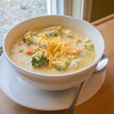 Creamy Chicken Broccoli Cheddar Soup served hot in a rustic bowl with a spoon, garnished with extra cheddar and fresh herbs.