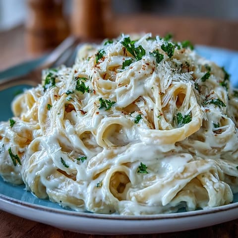 Velvety Easy Creamy Cauliflower Alfredo tossed with fettuccine, ready for serving.