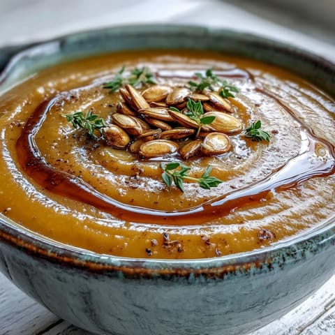 Creamy homemade Butternut Squash Soup with cinnamon and nutmeg, garnished with pumpkin seeds and thyme. 