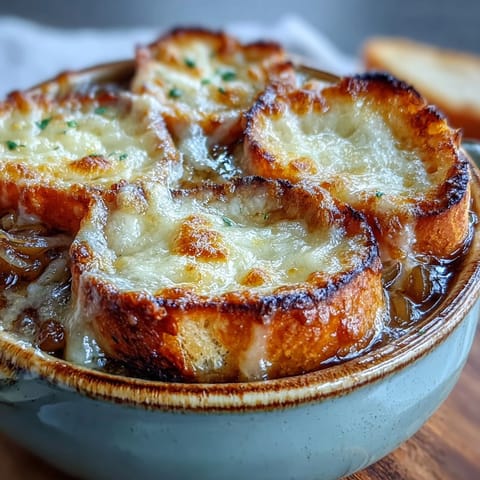 Bubbling, golden Gruyère crowns a toasted baguette slice atop rich French Onion Soup.