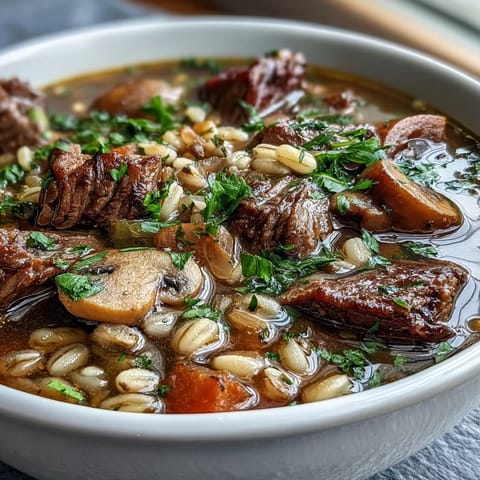 Close-up of Beef and Barley Soup with Mushrooms ladled into a rustic bowl, garnished with parsley.