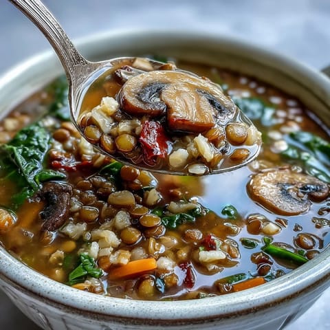 Spoon dipping into a steaming bowl of Double Lentil and Mushroom Barley Soup with fresh parsley garnish and hearty collard greens.