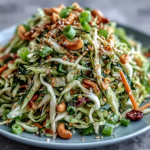 Vibrant Asian Cabbage Salad topped with roasted cashews and sesame seeds, served as a fresh side dish for grilled chicken. 