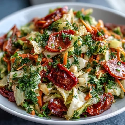 A close-up view of a crunchy Cabbage Salad With Sundried Tomatoes in a rustic ceramic bowl, featuring fresh parsley, dill, and chives for a fragrant, appetizing finish.
