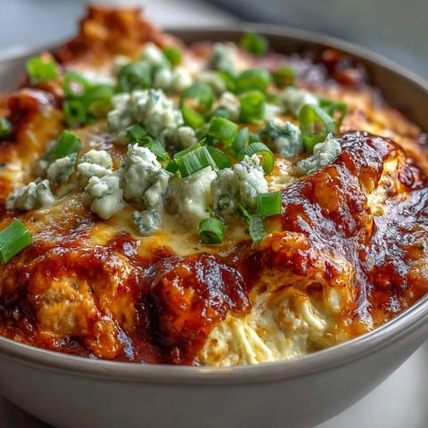 Spicy Buffalo Chicken Dip fresh from the oven, melted cheese and shredded chicken in a baking dish. 