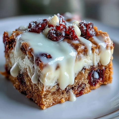 Tall stack of festive Cranberry Bliss Bars topped with orange zest and dried cranberries, perfect for holiday dessert trays.