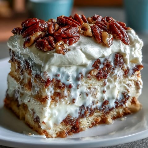 A moist slice of Butter Pecan Tres Leches Cake topped with whipped cream and toasted nuts on a rustic table.