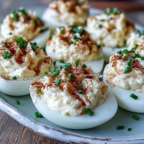 Creamy Million Dollar Deviled Eggs served on a platter with paprika and chives.