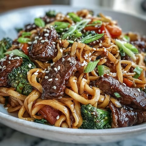 Glossy rice noodles swirl with colorful bell peppers and carrots in a sizzling skillet.