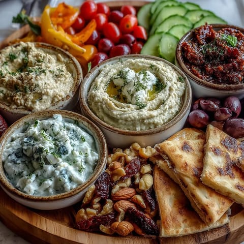 Hearty Mediterranean brunch board spread with creamy dips, briny olives, crumbled feta, crisp vegetables, and toasted flatbread triangles ready for sharing.