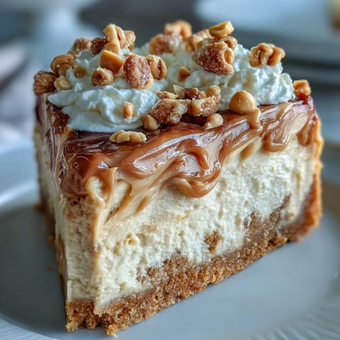 Smooth peanut butter swirls ripple through creamy cheesecake filling in a springform pan.