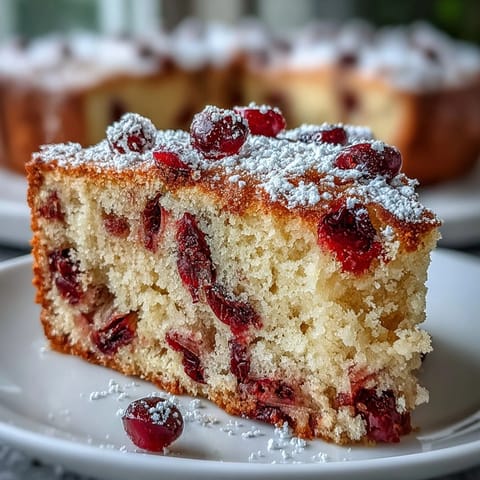 A sliced Cranberry Orange Breakfast Cake reveals tart cranberry bursts and a dusting of powdered sugar on top. 