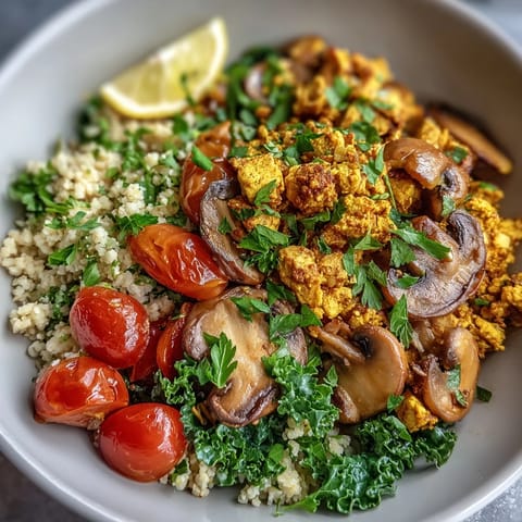 Scrambled tofu breakfast bowl topped with garlicky mushrooms, wilted kale, and optional avocado and cherry tomatoes.