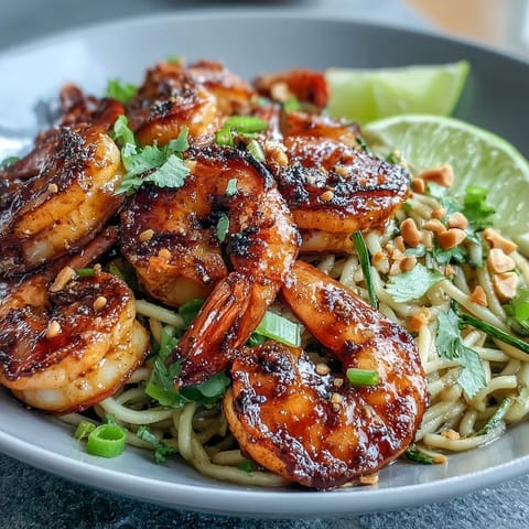 Colorful Asian noodle bowl topped with smoky grilled shrimp, bean sprouts, and chopped peanuts.