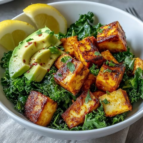 This nourishing Tofu Breakfast Bowl with Avocado and Kale is finished with a squeeze of lemon for a bright, vegan morning meal.