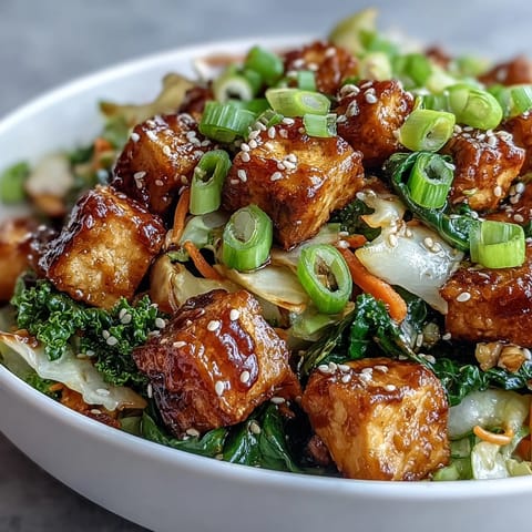 Golden-brown tofu cubes and crisp vegetables in a savory sauce in a white bowl, topped with sesame seeds and green onions.  