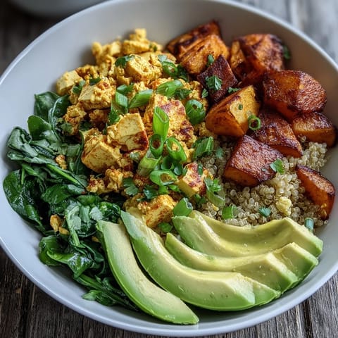 Savory Tofu Scramble Breakfast Bowl topped with sautéed spinach, creamy avocado, and fresh green onions.