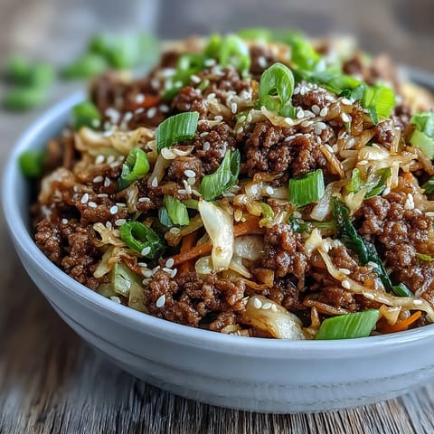 Sizzling ground pork cooks with garlic, ginger, and cabbage slaw for a savory Egg Roll in a Bowl, topped with green onions and sesame seeds.