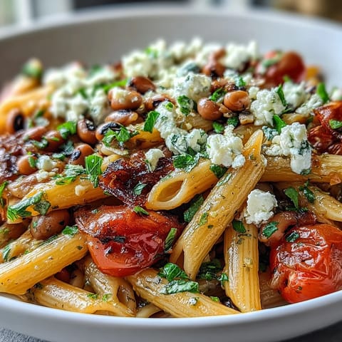Black-Eyed Pea Pasta tossed in garlic olive oil with fresh herbs and lemon zest.