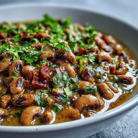 Steaming Black-Eyed Pea Curry in a rustic pot, showcasing creamy coconut milk and tender green peas, perfect for a cozy weeknight meal. 