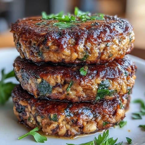 Two crispy Black-Eyed Pea Burger Patties sizzling in a skillet with onions, ready to be served with pickles.