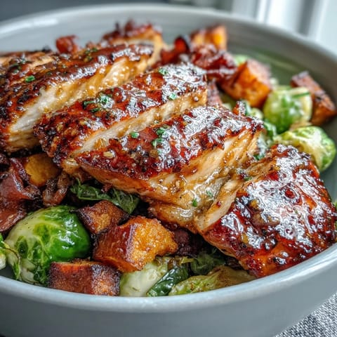 Roasted Brussels sprouts and sweet potatoes add texture beside glazed chicken in this hearty maple Dijon chicken sweet potato bowl.