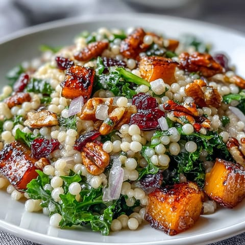 A close-up of Honey Autumn Pearl Couscous Salad garnished with dried cranberries and red onion slices.