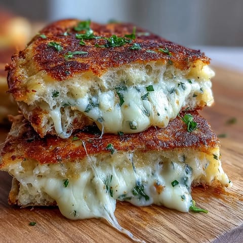 Fresh herbs and minced garlic adorn the crispy naan exterior, highlighting the fusion Indian-American grilled cheese preparation.