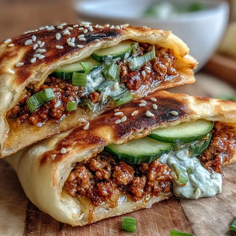 A close-up view of stuffed Korean turkey naan pockets, garnished with fresh cilantro and sesame seeds on a rustic plate.