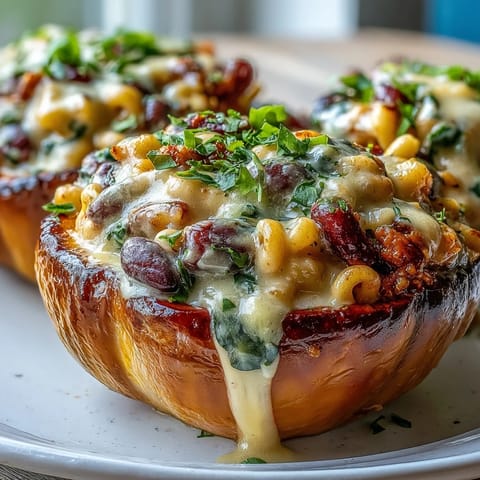 Roasted acorn squash halves are filled with creamy, cheesy Hot Honey Chili Mac and topped with fresh cilantro.