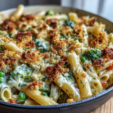 Golden-brown biscuit crumbs crown a skillet of creamy Veggie Pot Pie Pasta, studded with tender carrots, peas, and al dente pasta.  