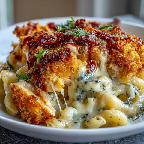 A close-up of creamy, cheesy Baked Pesto Chicken Mac & Cheese topped with golden crumbs.