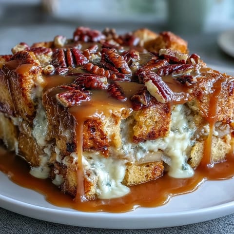 A close-up of caramel apple cheesecake bread pudding with tender apples and rich custard baked to perfection.  