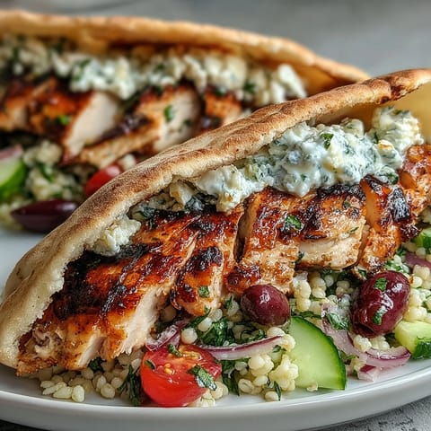 Warm Greek Chicken Feta Stuffed Pitas overflowing with grilled lemon chicken and creamy tzatziki.