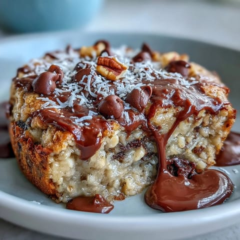 A warm, gooey Chunky Monkey Oatmeal Cookie Skillet topped with melting vanilla ice cream.