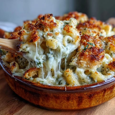 Creamy Baked Pesto Chicken Mac & Cheese showcases vibrant green pesto sauce and juicy chicken pieces inside melted cheese.