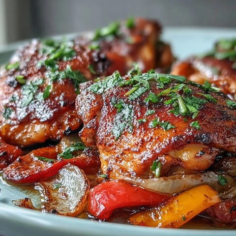 Golden crispy One-Pan Paprika Chicken served alongside colorful sweet peppers and onions.