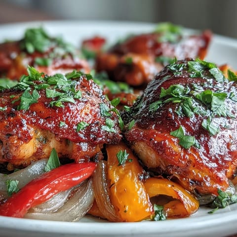 Juicy One-Pan Paprika Chicken thighs with roasted peppers and onions on a baking sheet.