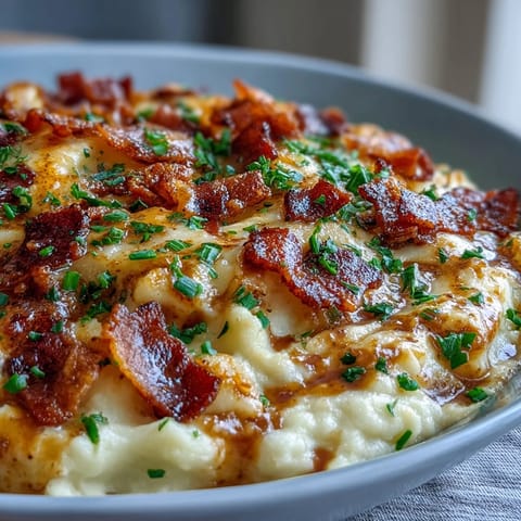 Keto Bacon and Cheddar Cauliflower Mash with crispy bacon and melted cheese, served in a white bowl with a spoon for scooping.