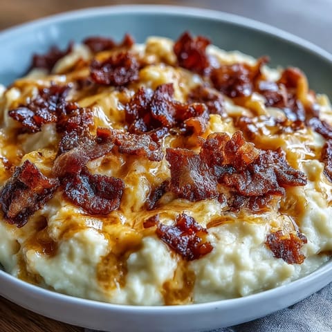 Creamy low-carb cauliflower mash blended with sharp cheddar and topped with crumbled bacon for a satisfying keto-friendly side dish.