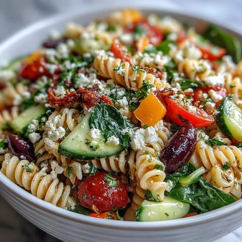 Fresh whole grain pasta tossed with crisp vegetables, olives, and creamy light feta in a bright Greek salad.