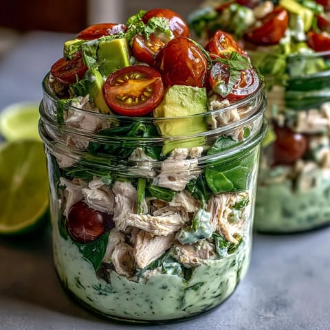 Keto avocado chicken salad layered in mason jars with fresh spinach and cherry tomatoes.  