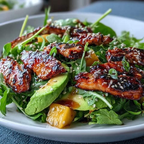 Mango Green Tea Grilled Chicken Salad with Sesame Seeds, vibrant and refreshing, features juicy marinated chicken over crisp greens with toasted sesame crunch.