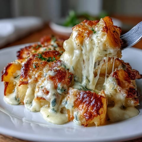 Decadent layers of smashed Yukon Gold potatoes topped with Gruyère, mozzarella, and Parmesan cheese gratin.  