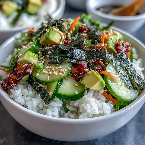Vibrant sushi bowl featuring crisp vegetables, savory nori, and creamy spicy mayo, perfect for a quick, satisfying meal.