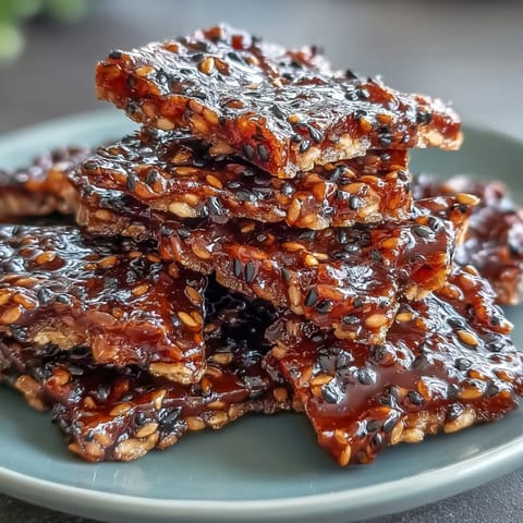 Black sesame brittle with glossy caramel and toasted seeds, a crunchy Asian-inspired candy treat.