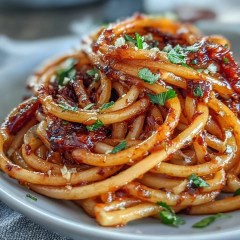 A steaming plate of spicy Calabrian chili pasta, tossed with garlic, anchovies, and fresh parsley, perfect for bold Italian flavor.